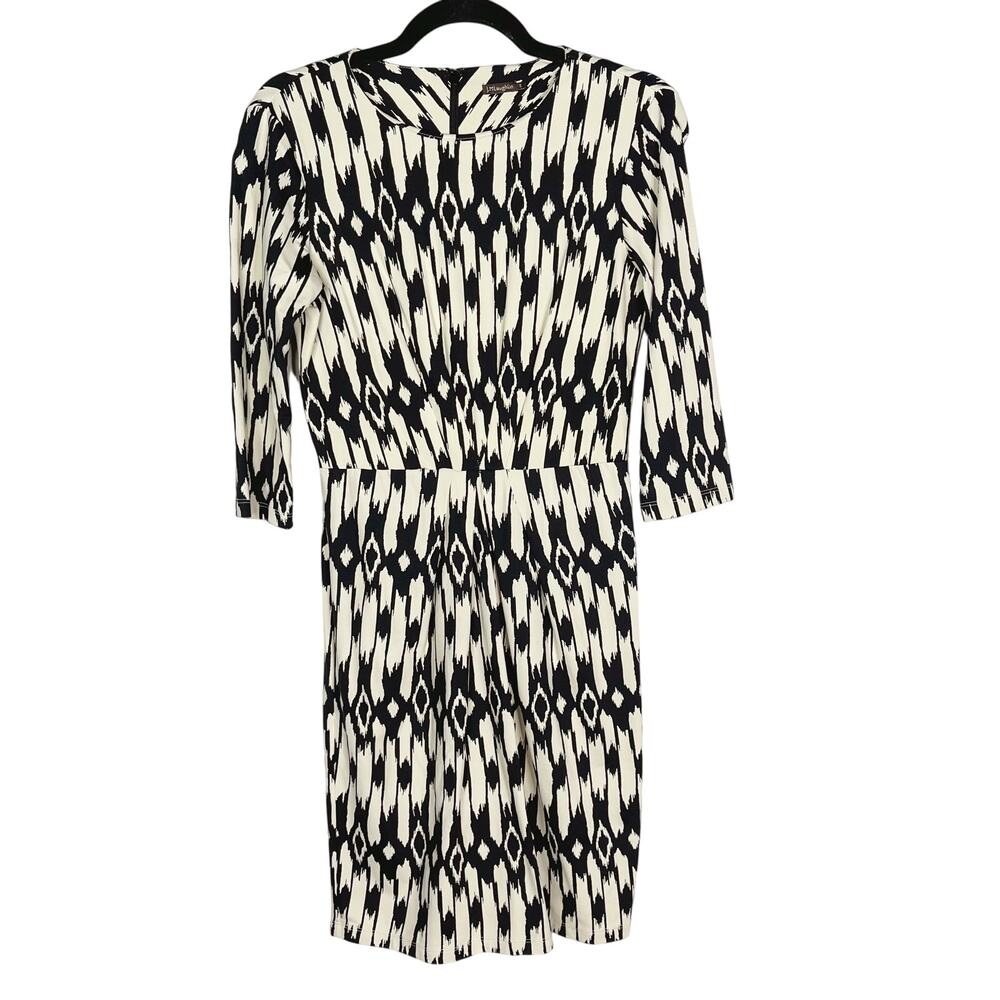 J McLaughlin Small Cream Black Ikat Sheath Dress Catalina Cloth 3/4 Sleeve Crew